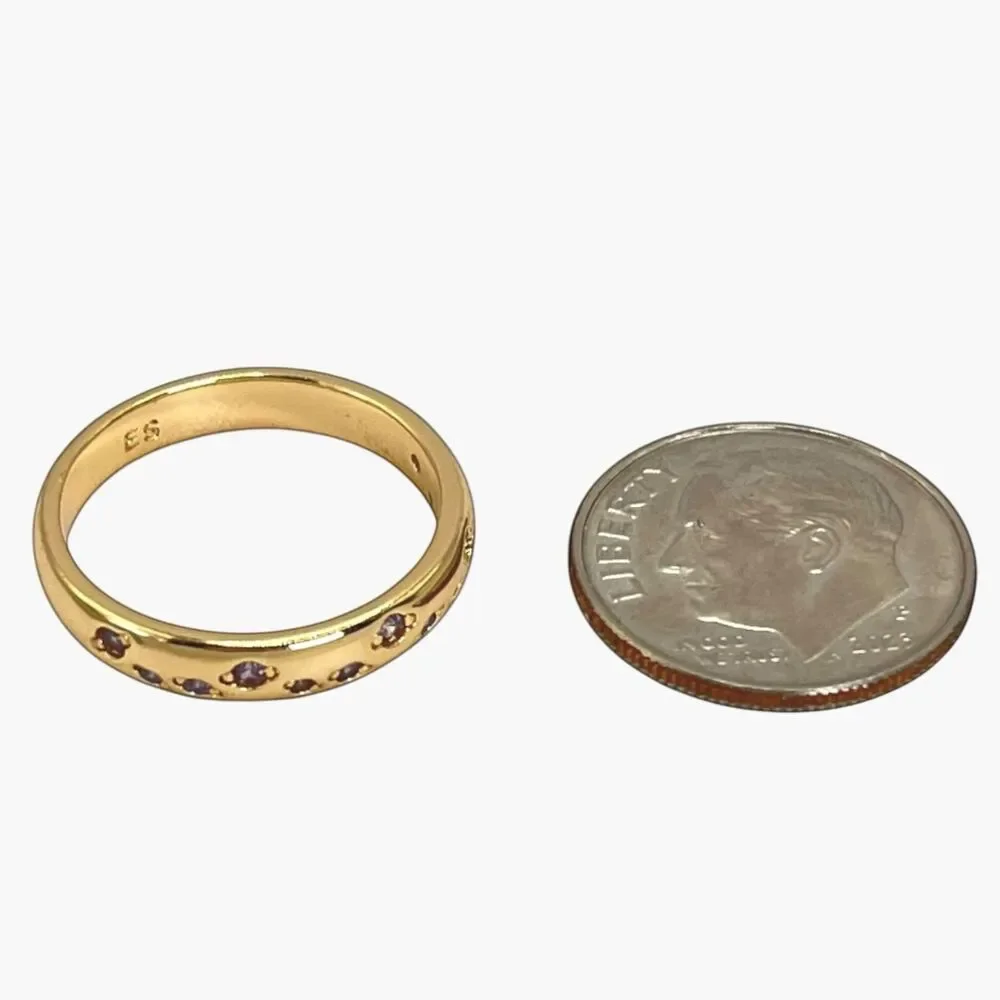 ES Gold Tone Ring Band Tiny Purple Stone Accents Size 5.75 Feminine Minimalist